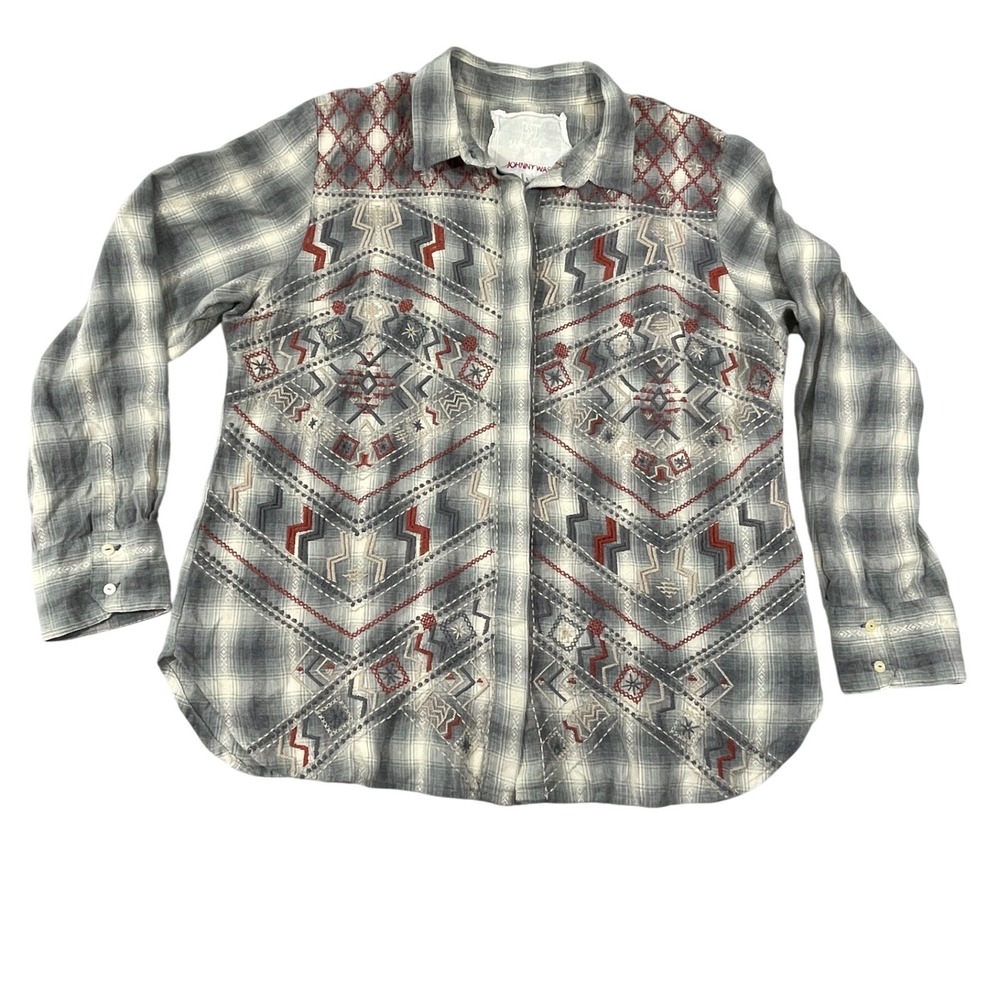 Johnny Was 3J Workshop Embroidered Plaid Button Down Shirt Grey Cream Red Large